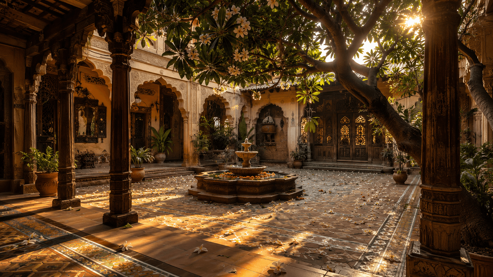 Guests gathered together in an open Indian courtyard at a Sankalpaa retreat